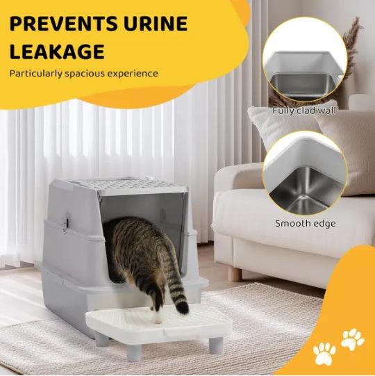 Semi-Enclosed XL Stainless Steel Litter Box – Double Entry, Filter Pedal & Scoop | Grey