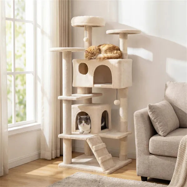 Giant Cat Tree 132 cm | 2 Cat Caves, Sisal Scratchers & Platforms