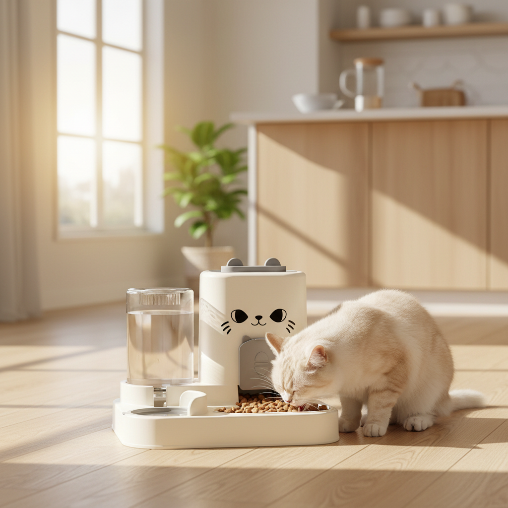Distributeur forme chat gris avec chat cuisine moderne