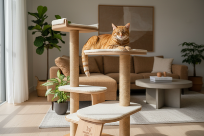 Chat heureux sur arbre à chat dans intérieur chaleureux