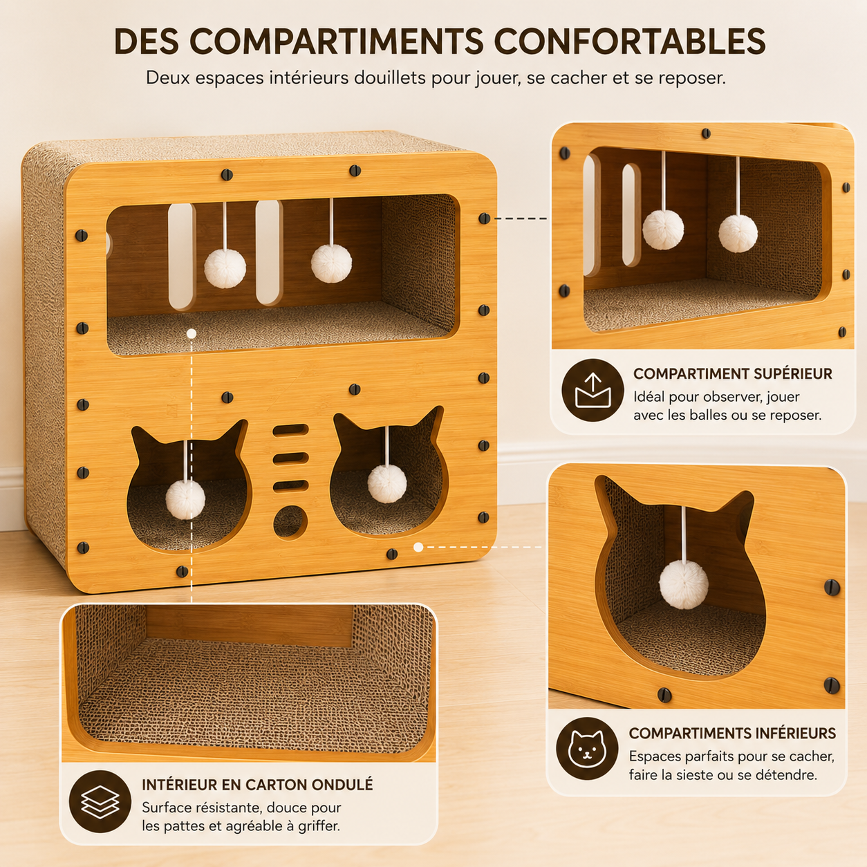 Double-Level Cat Scratcher Lounge with Cat-Shaped Condo & 4 Toy Balls
