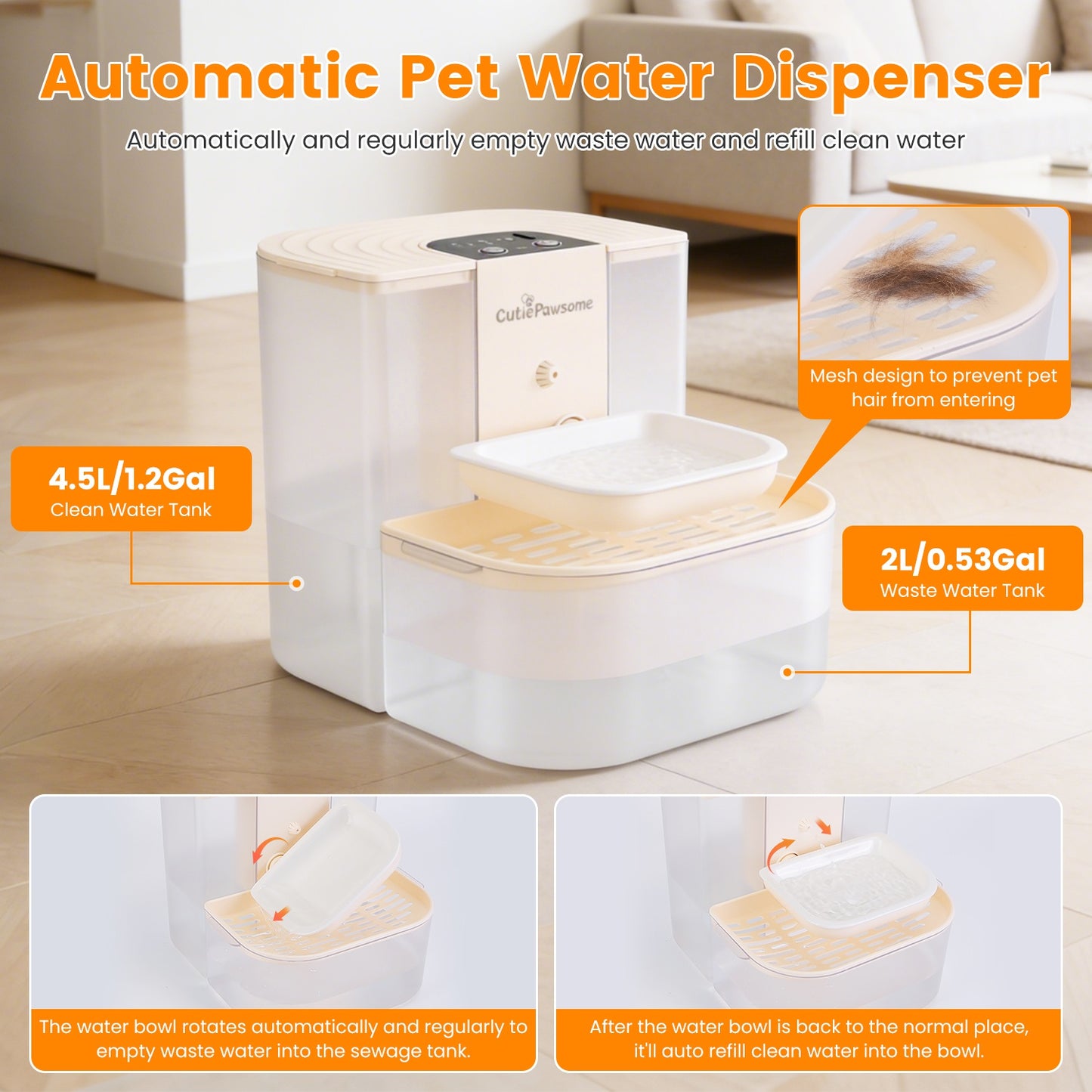 Fontaine à eau automatique pour chat 4,5 L – Sans fil, Rechargeable & Télécommande | Blanc