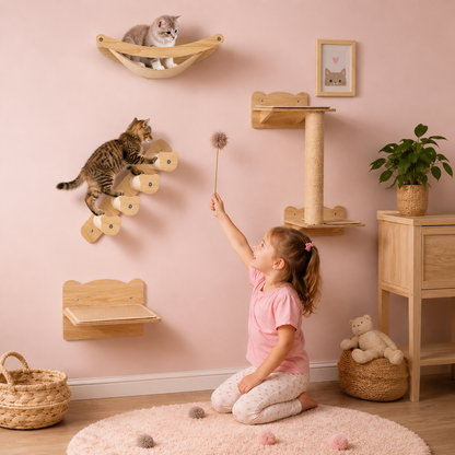 Lot de 4 meubles muraux pour chat avec hamac, arbre à chat à 2 niveaux et perchoir