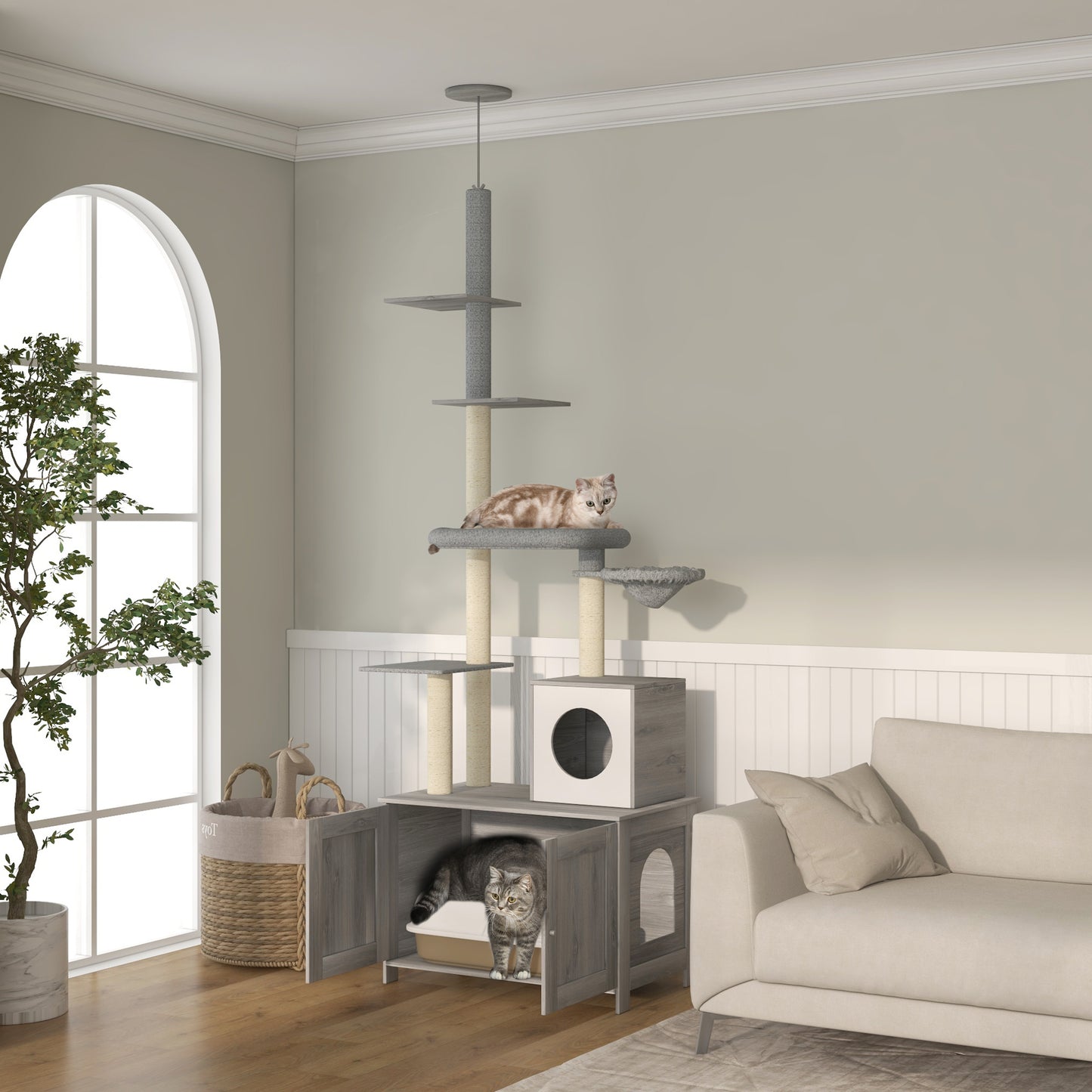 Arbre à chat 2-en-1 avec bac à litière intégré – Condo, Hamac, Griffoirs & Plateforme | Gris