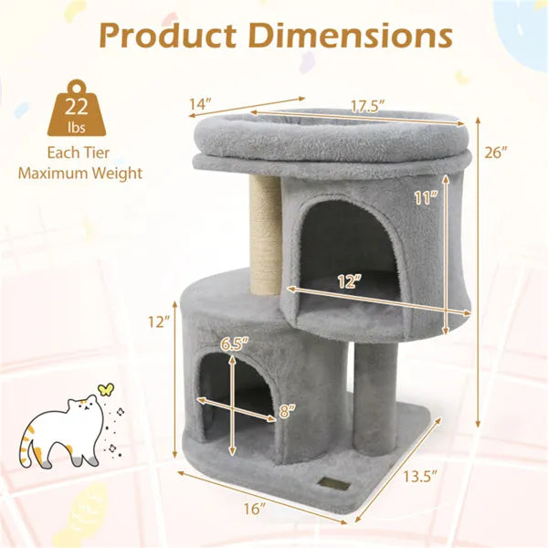 Compact Cat Tree 66 cm – 2 Condos, Sisal Scratching Posts & Anti-Tilt
