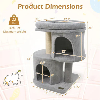 Compact Cat Tree 66 cm – 2 Condos, Sisal Scratching Posts & Anti-Tilt