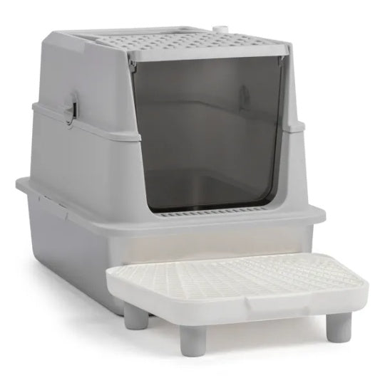 Bac à litière XL en inox semi-fermé – Double entrée, Pédale filtrante & Pelle | Gris