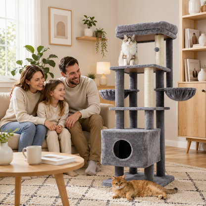 Gray Multi-Level Cat Tree with Condo, Hammock & Scratching Post