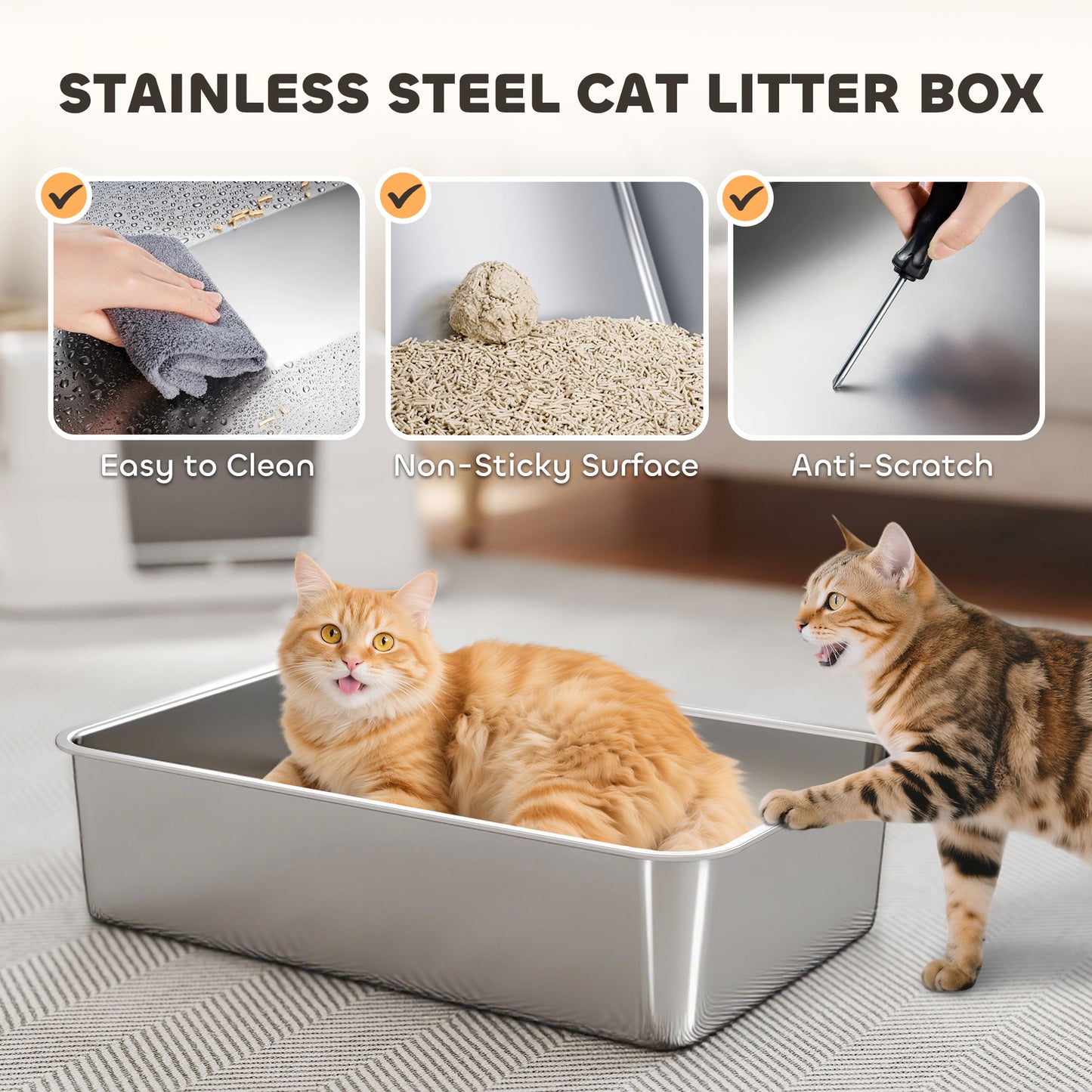 XL 3-in-1 Stainless Steel Litter Box – Large Cats & Dual Entry