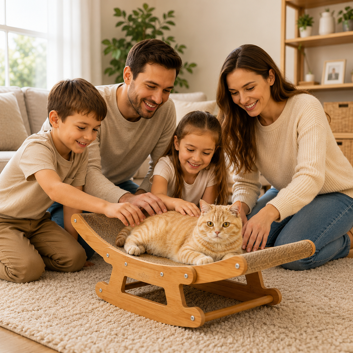 2-in-1 Cat Rocking Scratcher Chair Wooden Cat Bed Lounge Corrugated Cardboard Scratching Pad For Indoor Cats