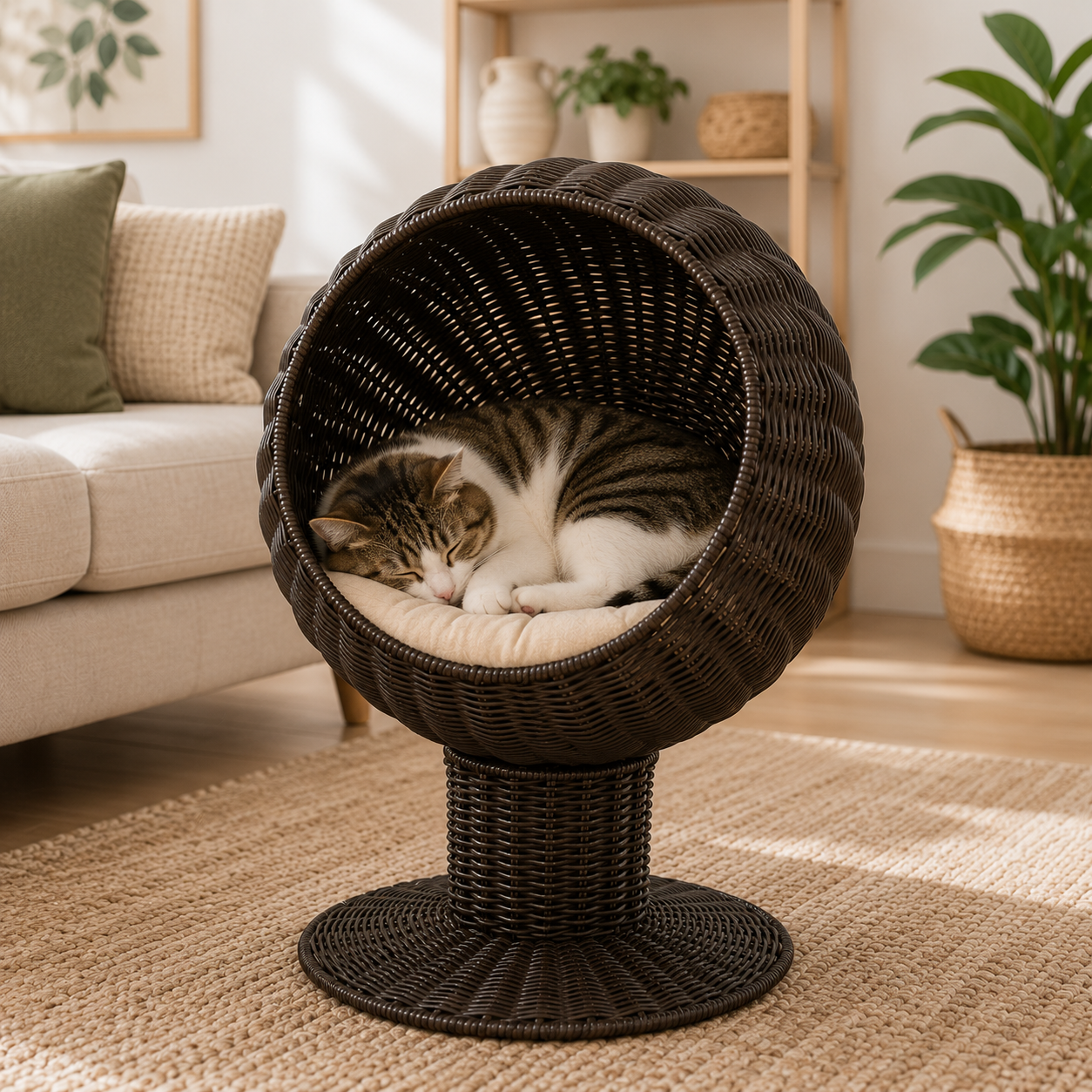 Lit pour chat surélevé en osier avec panier rotatif, coussin et niche pour chat d'intérieur