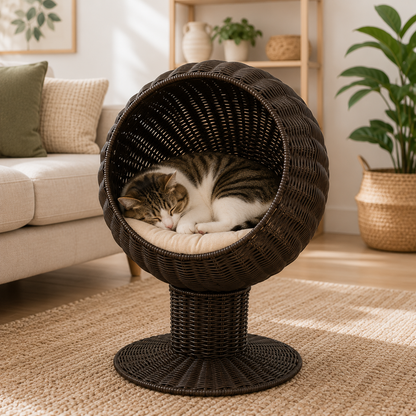Lit pour chat surélevé en osier avec panier rotatif, coussin et niche pour chat d'intérieur