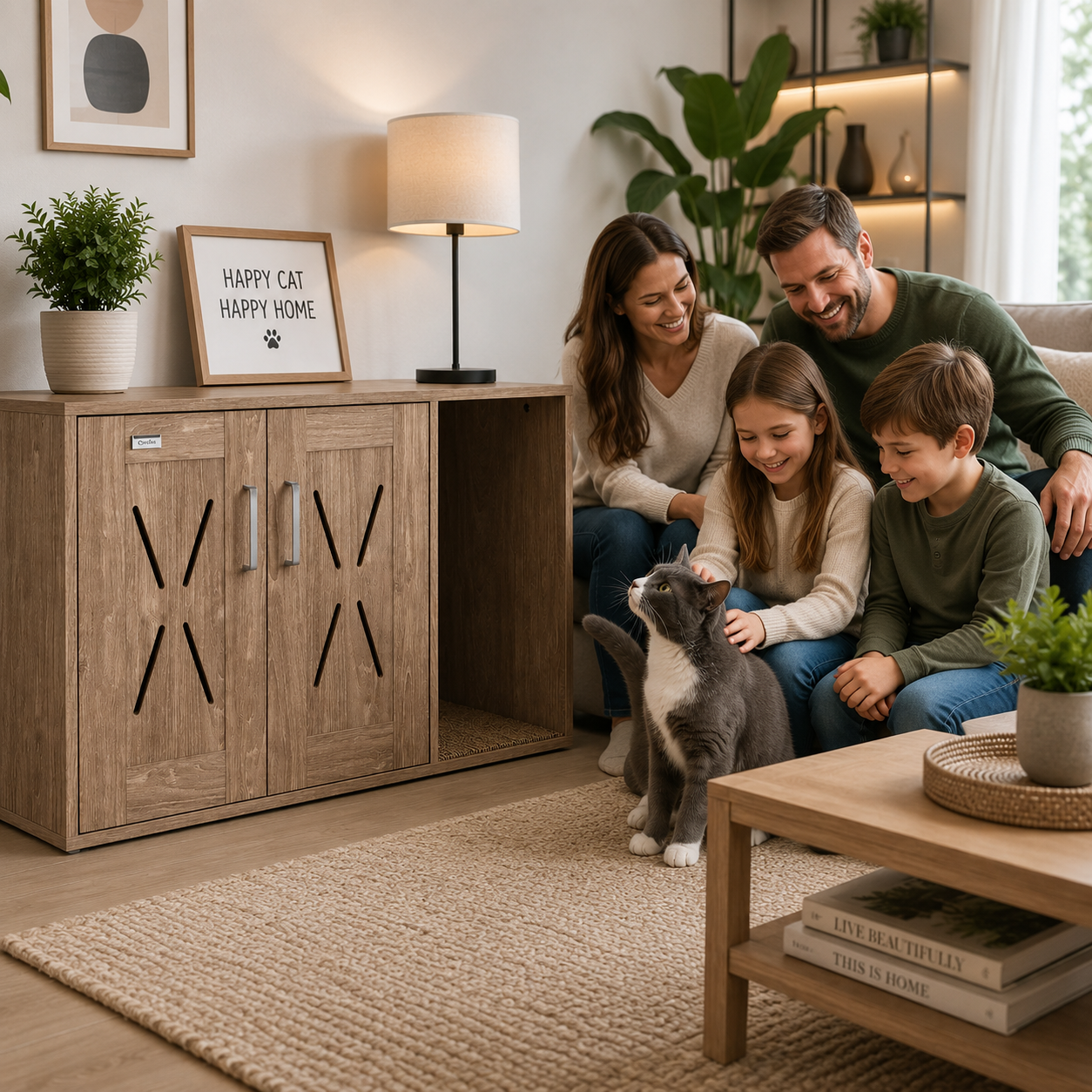 Litter Box Enclosure with Scratcher – Farmhouse Style Nightstand | Brown Walnut