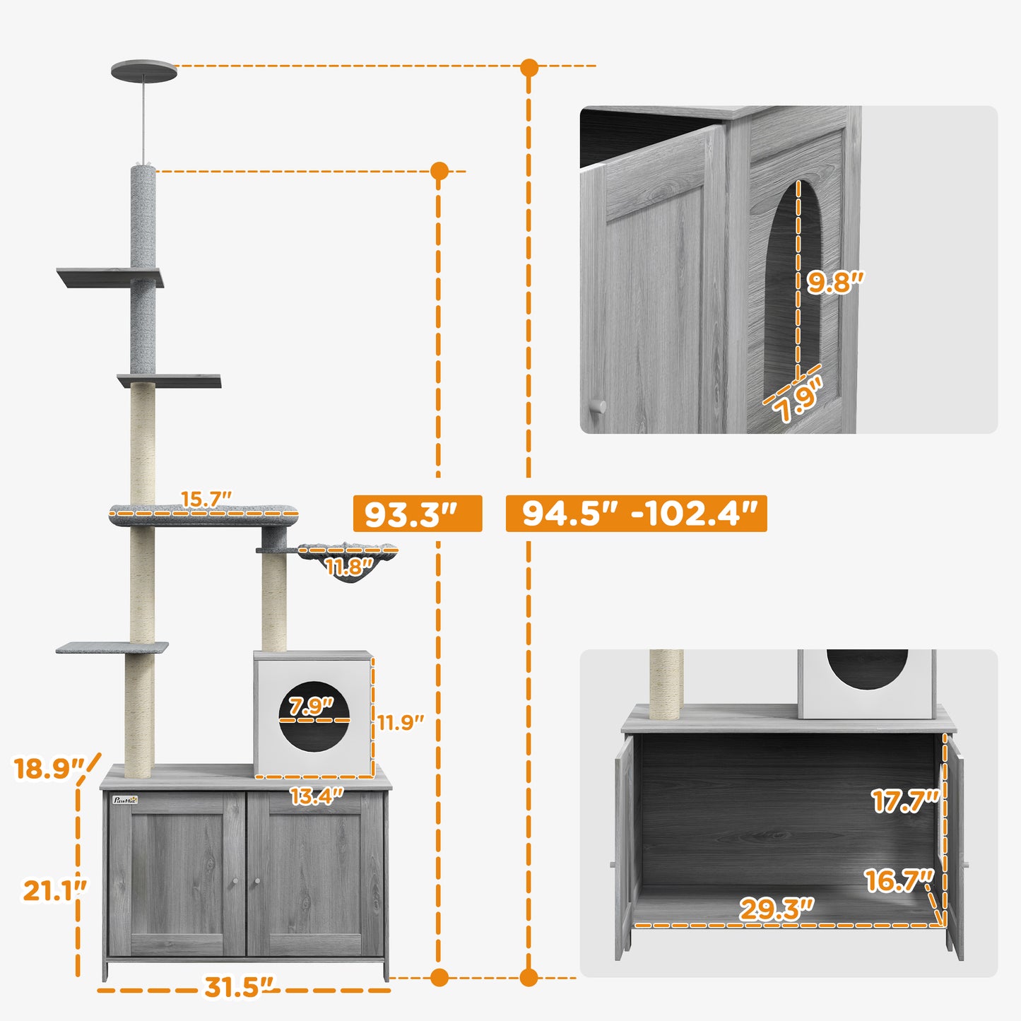 Arbre à chat 2-en-1 avec bac à litière intégré – Condo, Hamac, Griffoirs & Plateforme | Gris