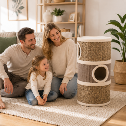 3-Tier Barrel Cat Tree with Sisal Scratching Surface and 3 Caves