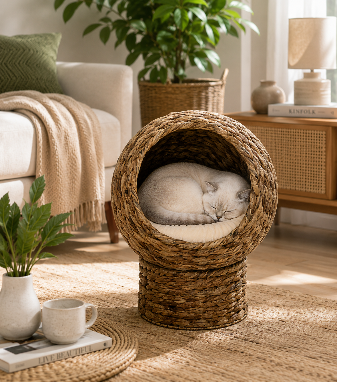 Elevated Rotating Wicker Cat House with Soft Cushion