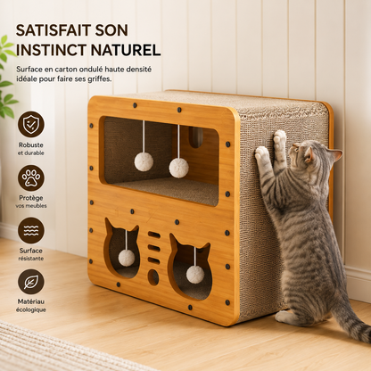 Double-Level Cat Scratcher Lounge with Cat-Shaped Condo & 4 Toy Balls