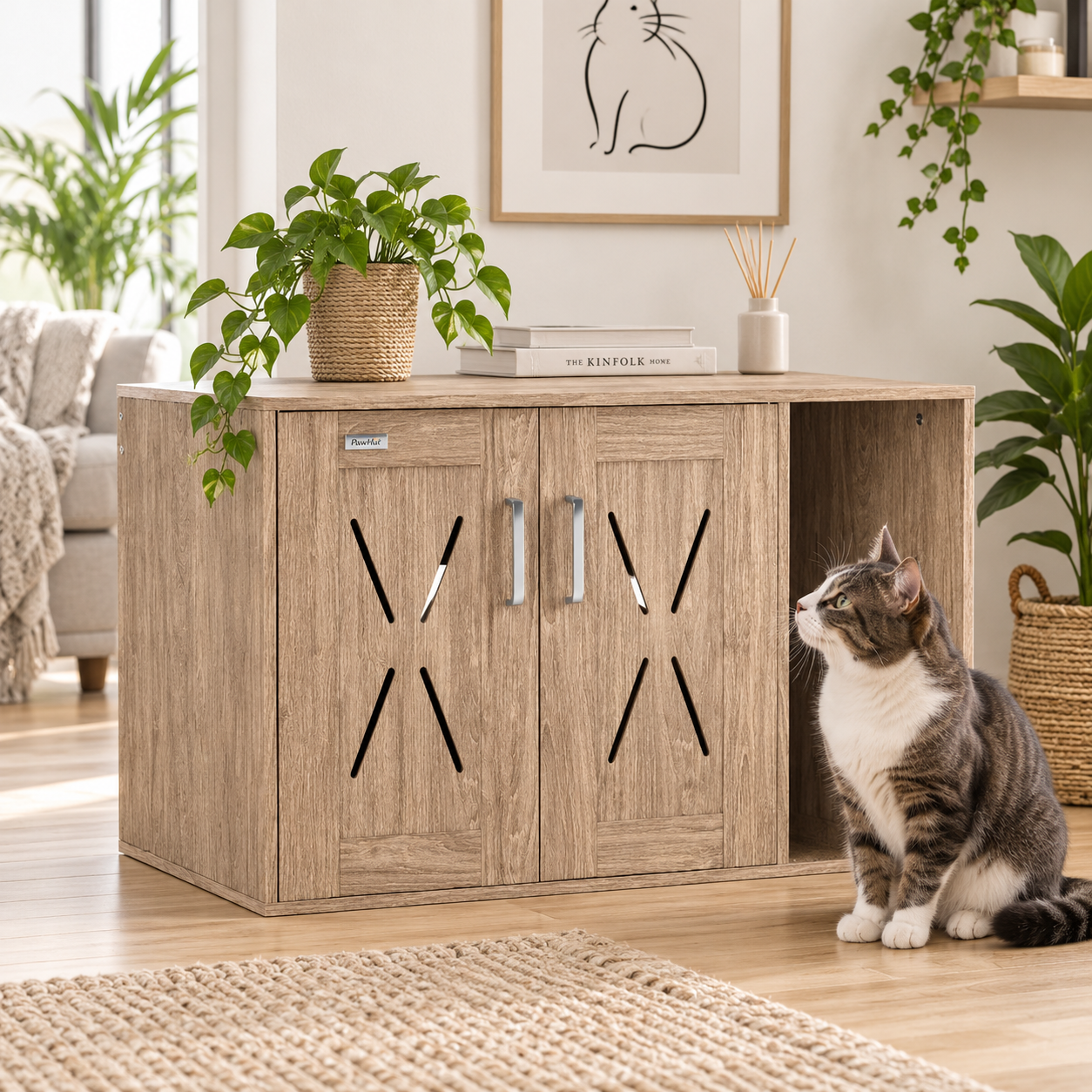 Litter Box Enclosure with Scratcher – Farmhouse Style Nightstand | Brown Walnut