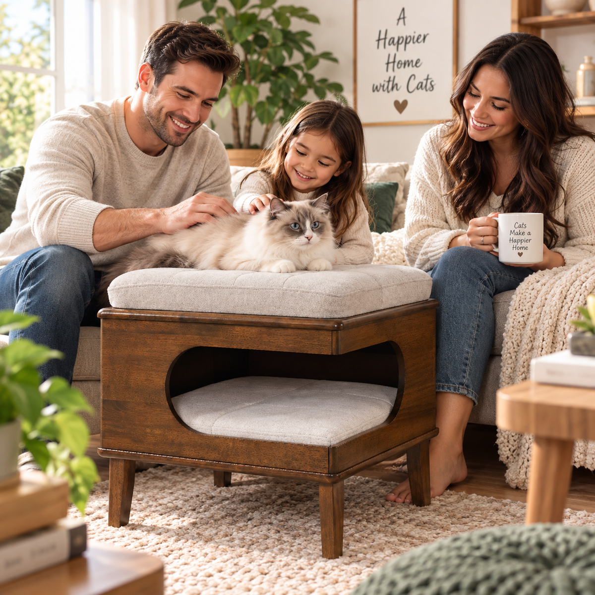 2-in-1 Wooden Cat House Ottoman with Cushion – Walnut Cat Cave & Footrest