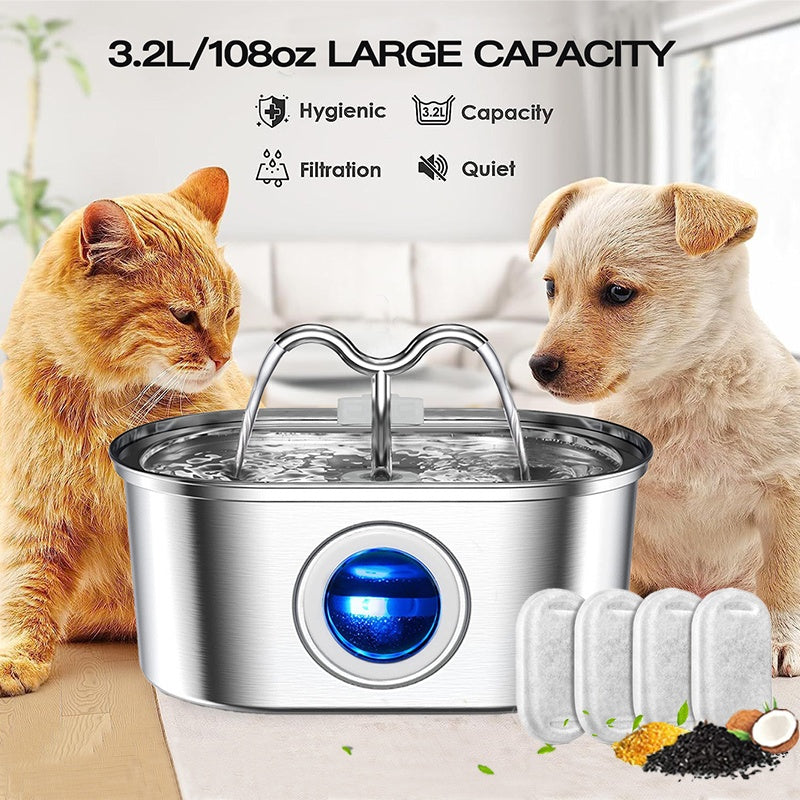 Stainless Steel Cat Water Fountain – 3.2 L & Dual Spout
