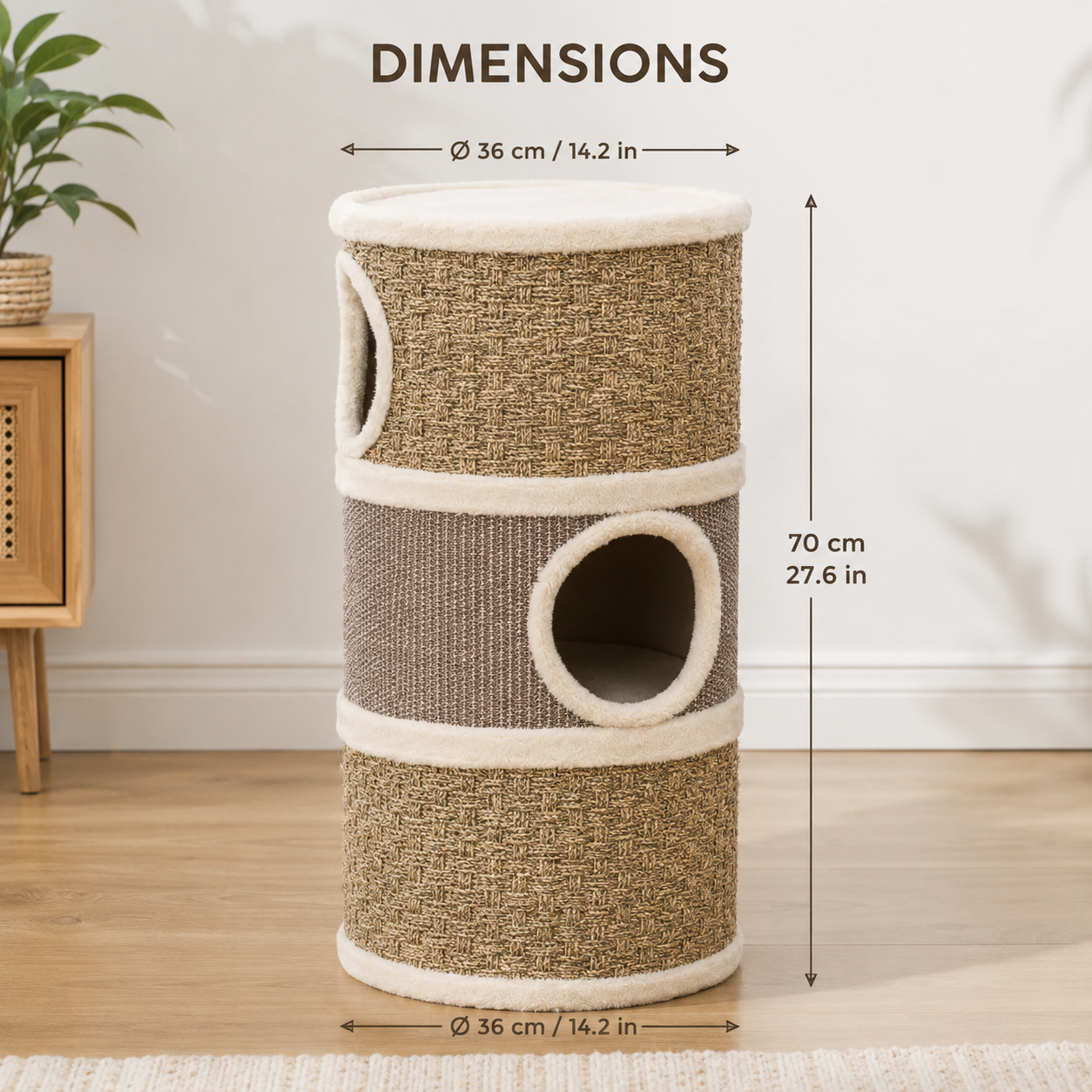 3-Tier Barrel Cat Tree with Sisal Scratching Surface and 3 Caves