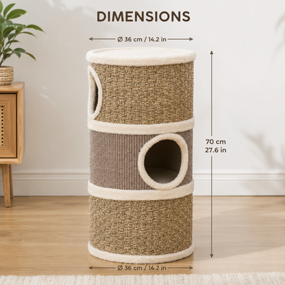 3-Tier Barrel Cat Tree with Sisal Scratching Surface and 3 Caves