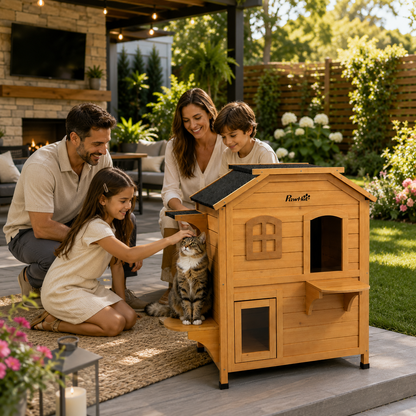 Maison Extérieure pour Chat 2 Étages™ – Bois Imperméable avec Toit Ouvrant