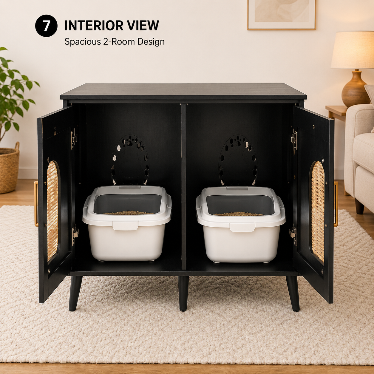 Hidden Cat Litter Box Furniture with 2 Rooms