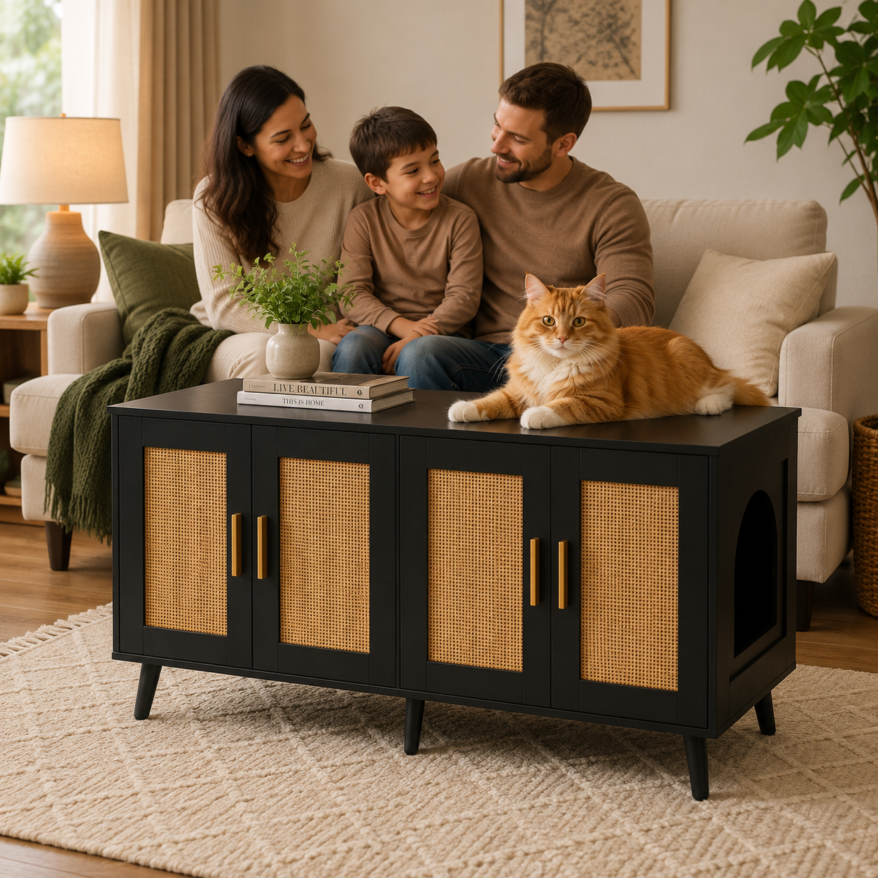 Hidden Cat Litter Box Furniture with 2 Rooms