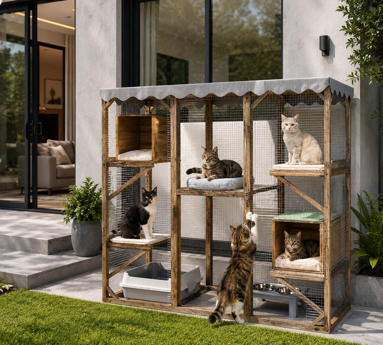 Outdoor Large Catio™ – Cat Enclosure with 5 Platforms & 2 Cat Houses