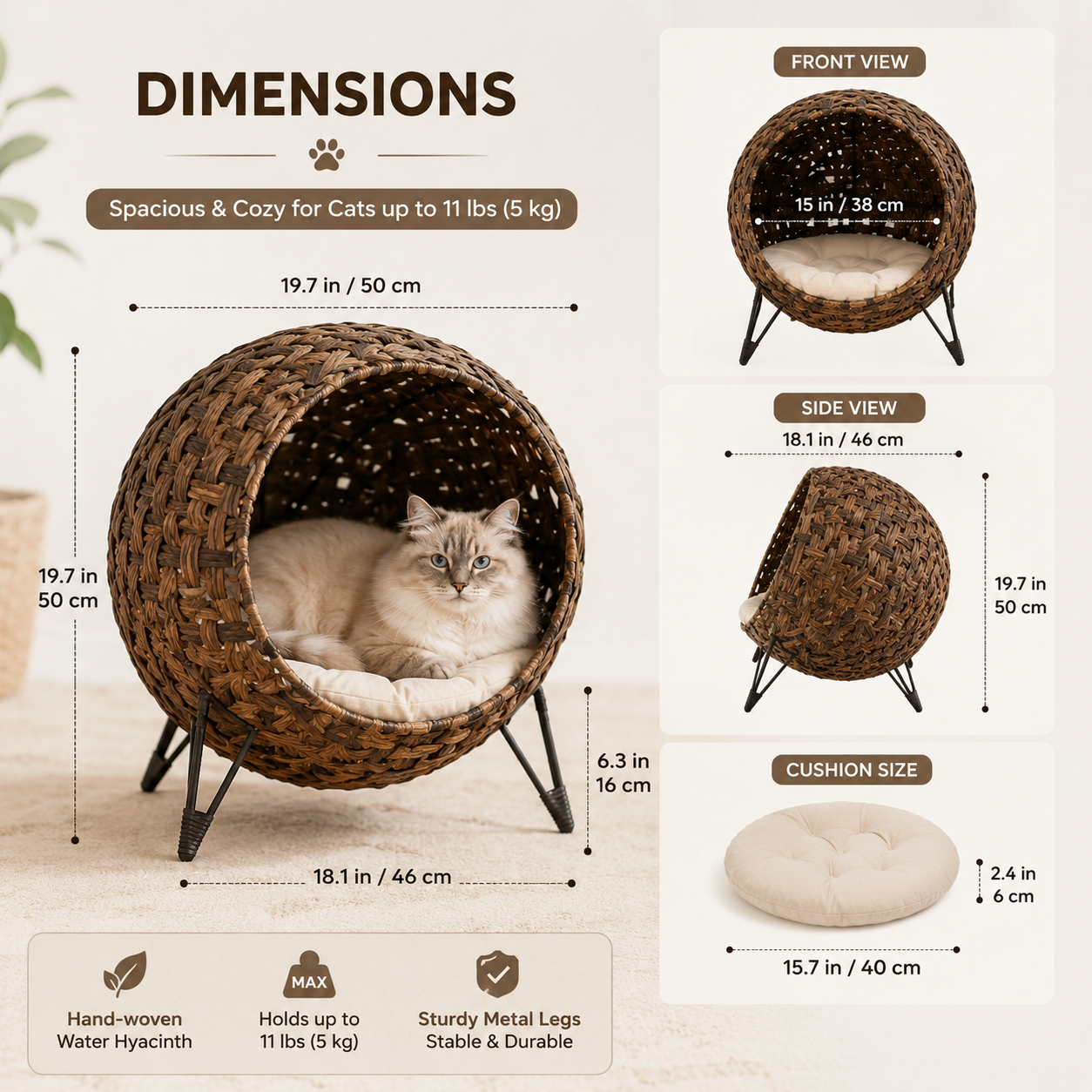 Maison Chat en Jacinthe d'Eau Tressée sur Trépied Métal avec Coussin