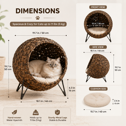 Maison Chat en Jacinthe d'Eau Tressée sur Trépied Métal avec Coussin
