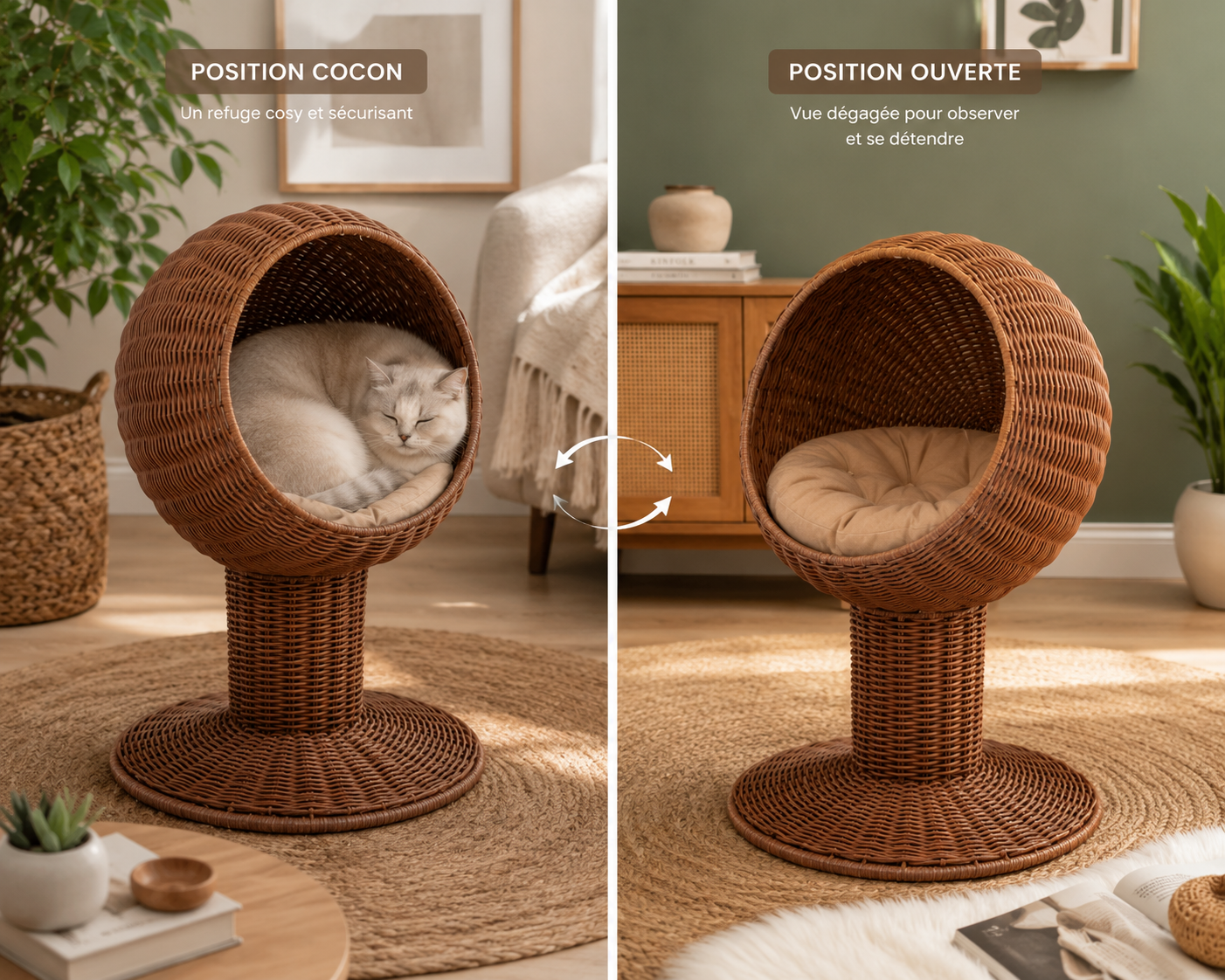 Panier Chat Surélevé en Herbe Tressée Rotative avec Coussin Moelleux
