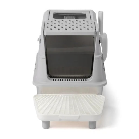Bac à litière XL en inox semi-fermé – Double entrée, Pédale filtrante & Pelle | Gris