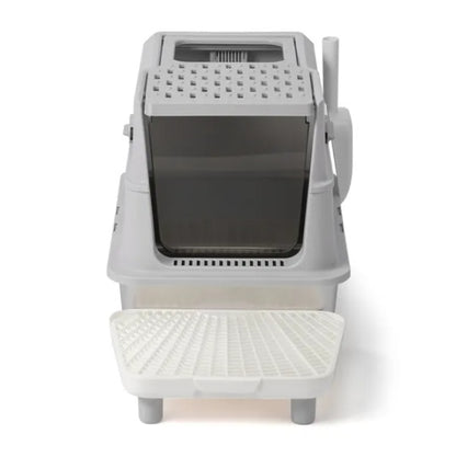 Bac à litière XL en inox semi-fermé – Double entrée, Pédale filtrante & Pelle | Gris