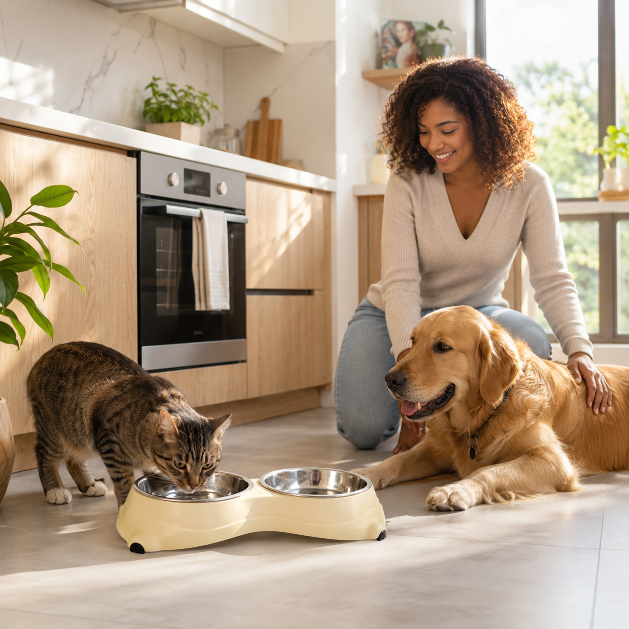 Anti-Slip Double Cat Food Bowl, Yellow Stainless Steel Food and Water Bowl, Easy to Clean and Detachable Design, Cat and Dog Pet Feeder