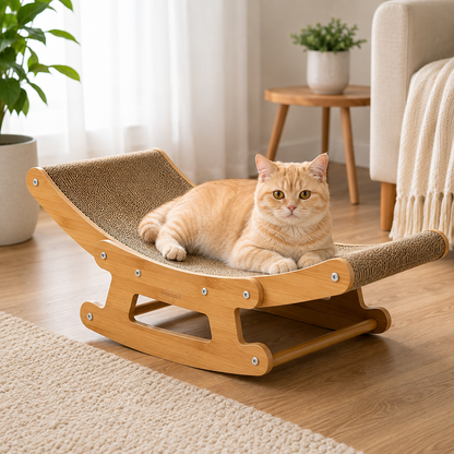 2-in-1 Cat Rocking Scratcher Chair Wooden Cat Bed Lounge Corrugated Cardboard Scratching Pad For Indoor Cats