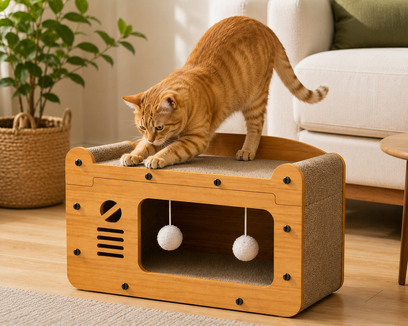 2-Niveau Griffoir pour Chat avec des Balles Suspendues