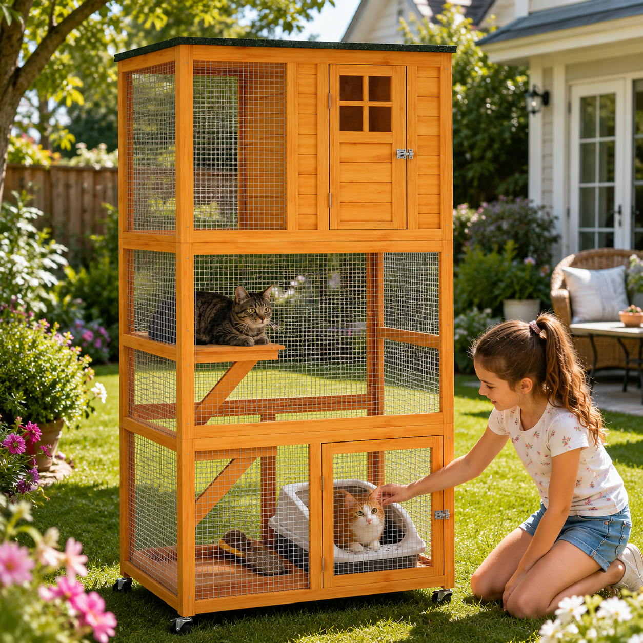 Outdoor Catio on Wheels™ – Mobile Cat Enclosure with 3 Perches & Waterproof Roof