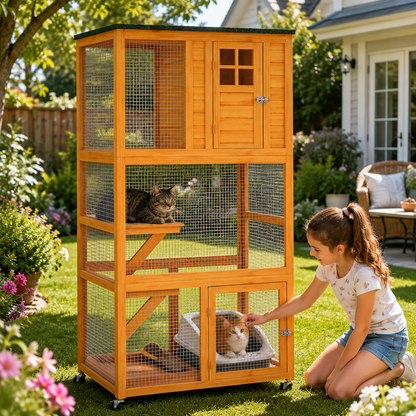Outdoor Catio on Wheels™ – Mobile Cat Enclosure with 3 Perches & Waterproof Roof