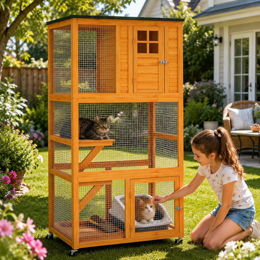 Outdoor Catio on Wheels™ – Mobile Cat Enclosure with 3 Perches & Waterproof Roof