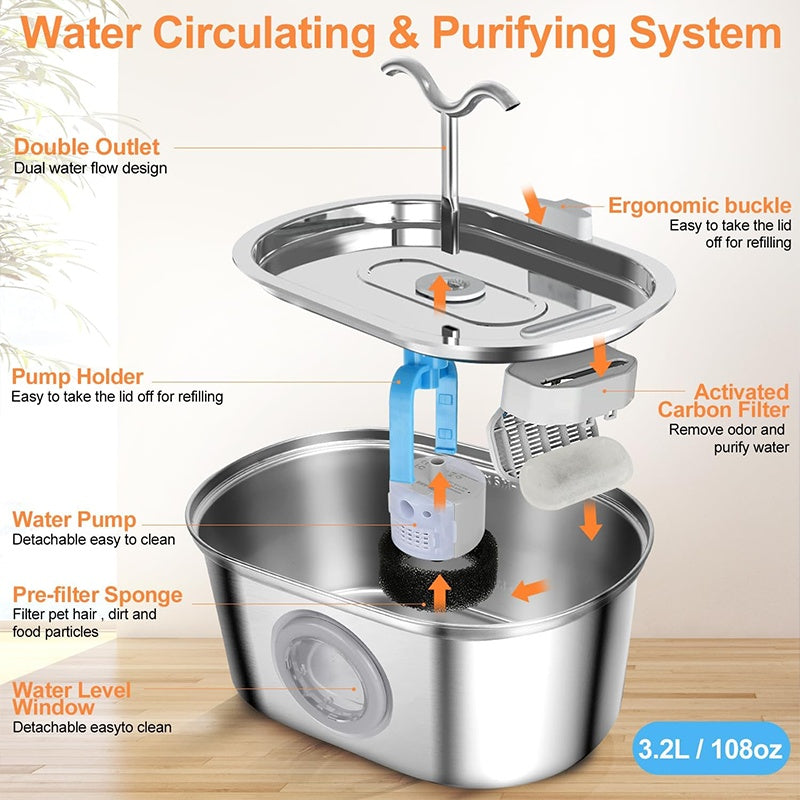 Stainless Steel Cat Water Fountain – 3.2 L & Dual Spout