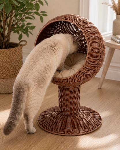 Panier Chat Surélevé en Herbe Tressée Rotative avec Coussin Moelleux