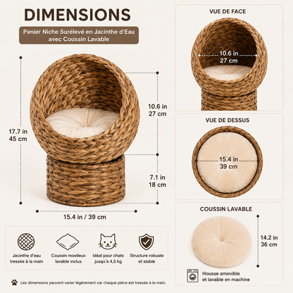 Elevated Water Hyacinth Cat Basket with Washable Cushion