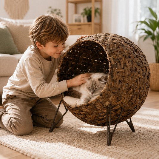Woven Water Hyacinth Cat House with Metal Tripod and Cushion