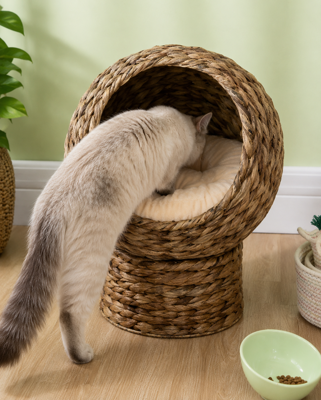 Elevated Rotating Wicker Cat House with Soft Cushion