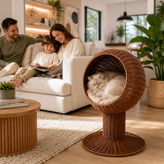 Raised Swivel Woven Grass Cat Basket with Plush Cushion