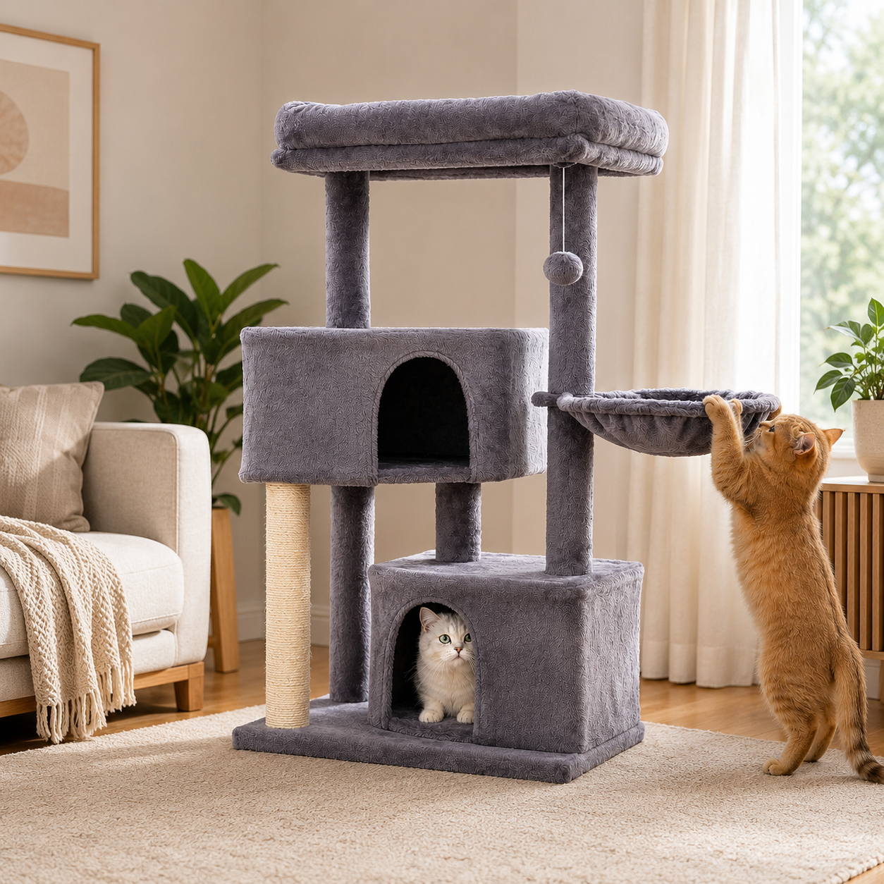 Gray Multi-Level Cat Tree with Condo, Hammock & Scratching Post