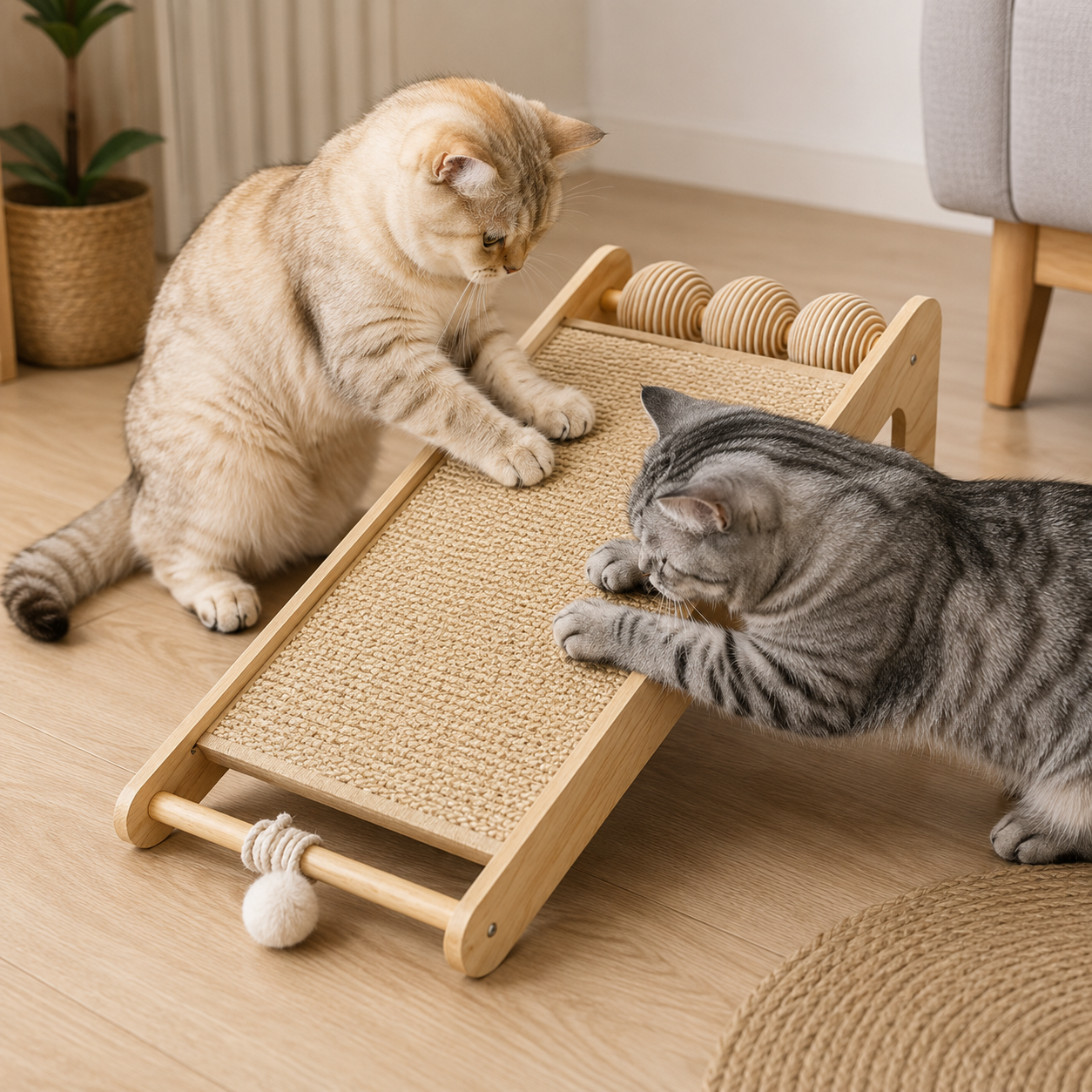 Grand griffoir pour chat en rotin tressé avec balle suspendue interactive