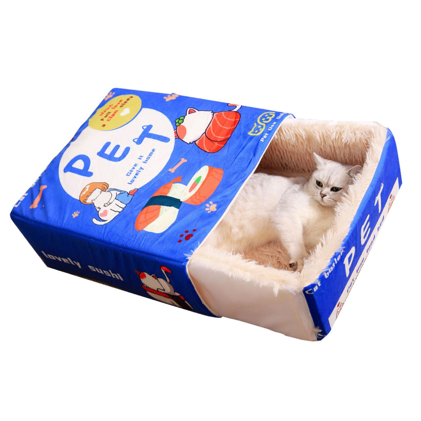 Lit pour chat Snack Box bleu – cabane fermée avec intérieur moelleux – vue de face